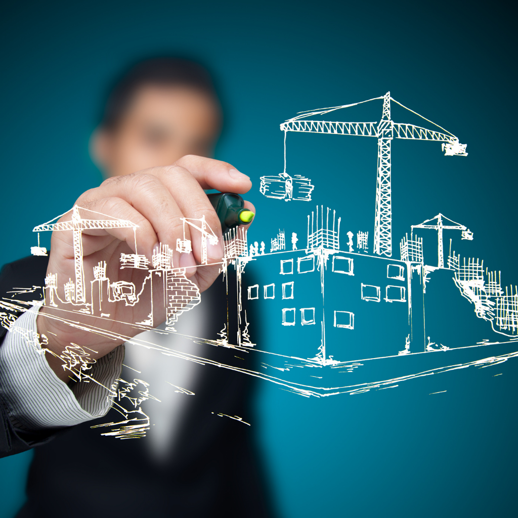 Artificial intelligence technology applied on a construction site with drones, smart sensors, and digital project management tools