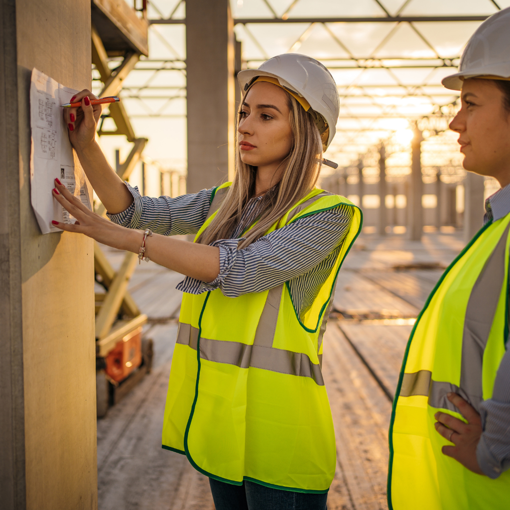 Women working in construction industry with power tools and safety equipment