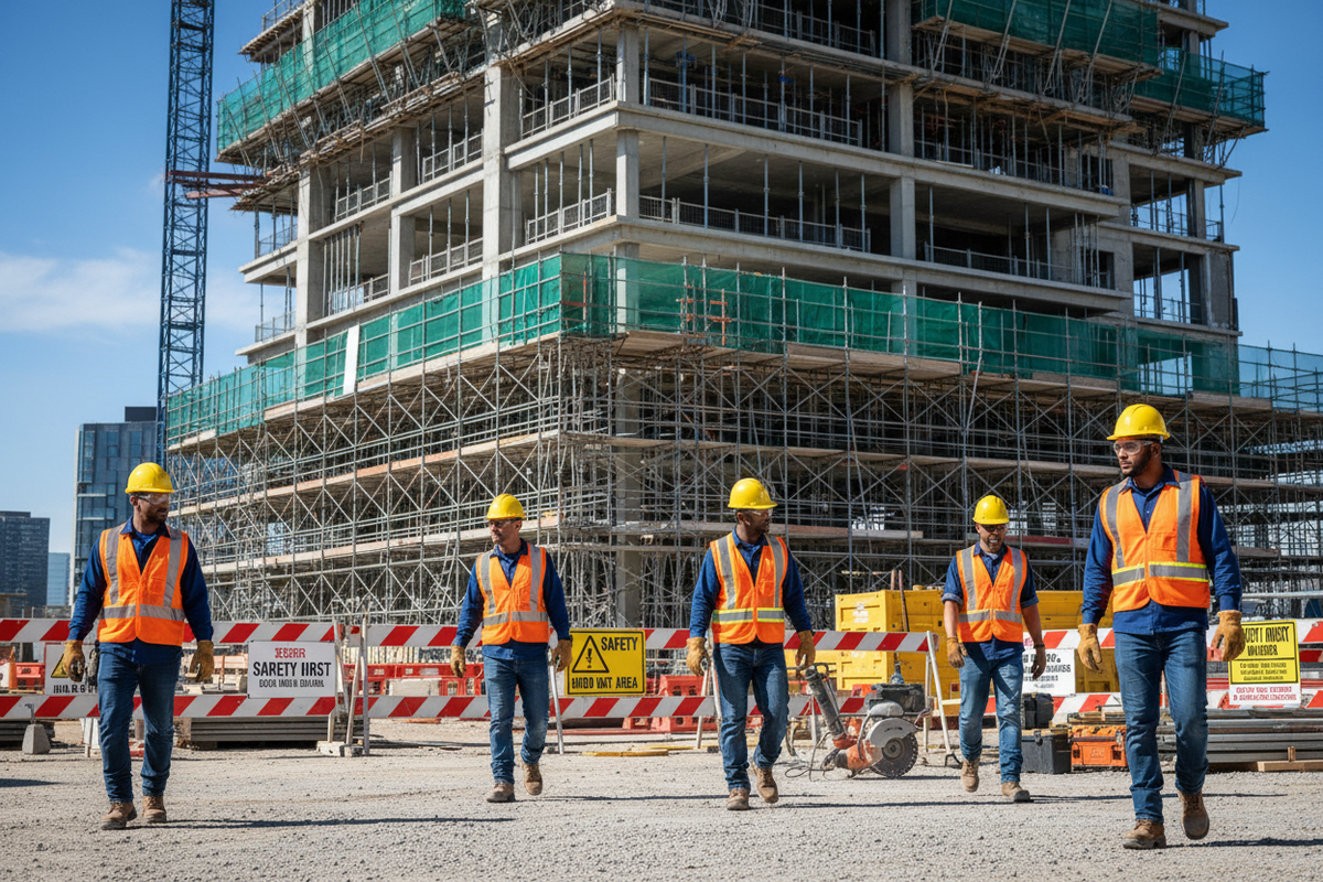 Construction site safety system including protective equipment and fall prevention measures.