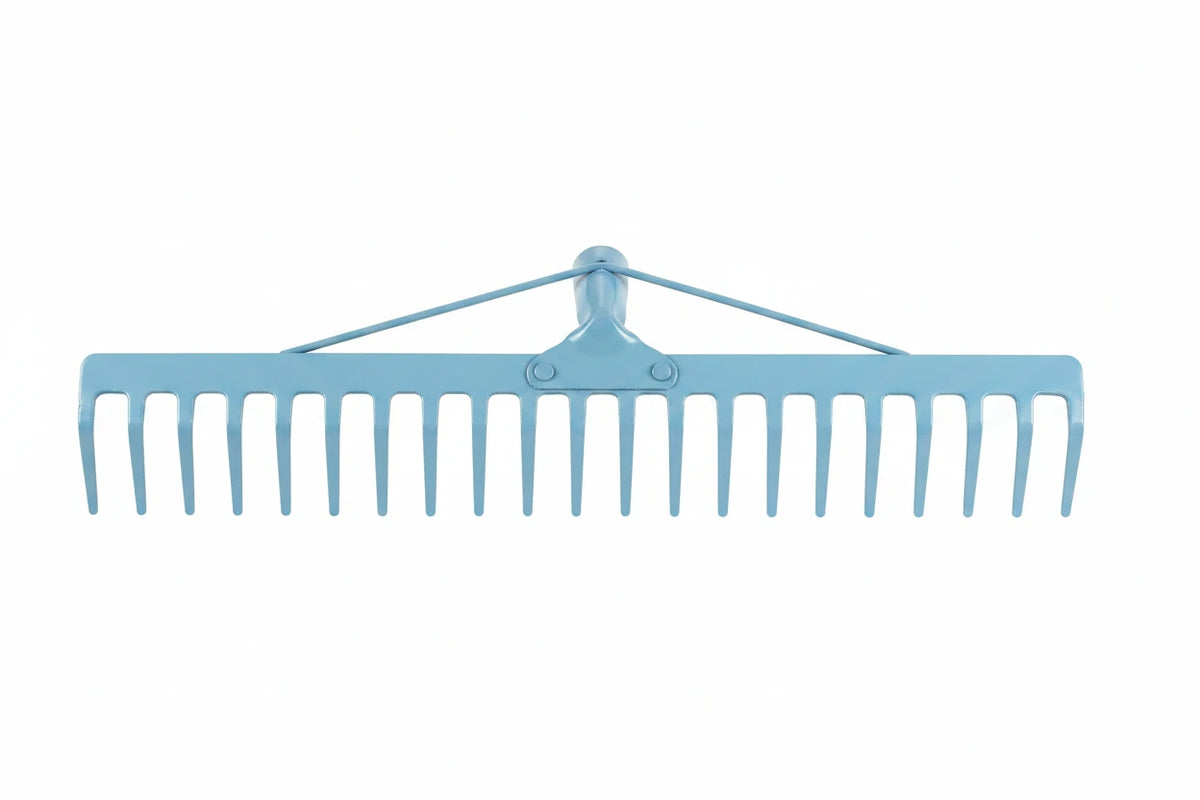 10-tine reinforced steel garden rake head for collecting leaves and garden debris.