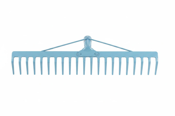10-tine reinforced steel garden rake head for collecting leaves and garden debris.