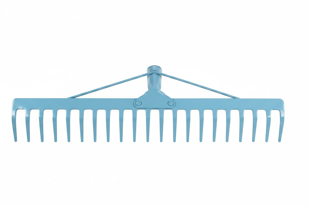 12-tine reinforced steel garden rake head with industrial coating for garden and landscaping work.