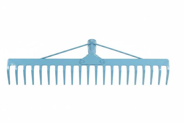 12-tine reinforced steel garden rake head with industrial coating for garden and landscaping work.