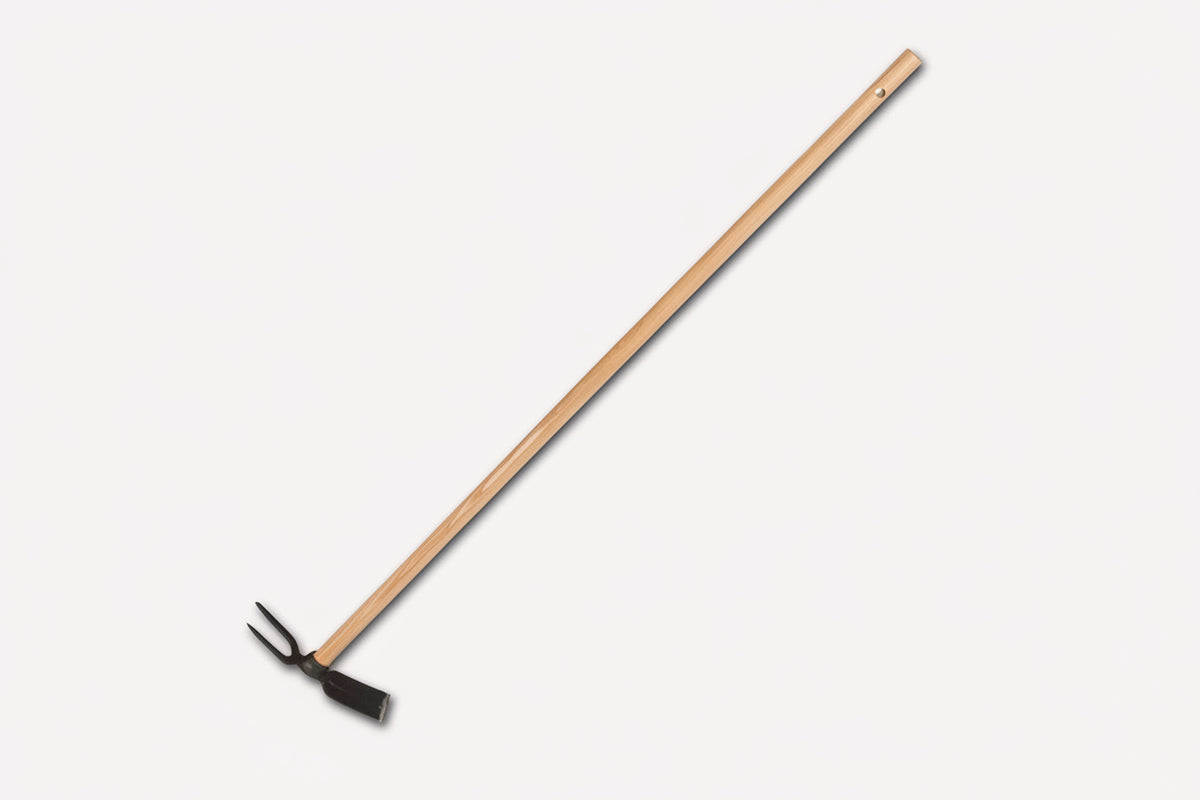 Long handle garden hoe with steel head for soil loosening and garden preparation.