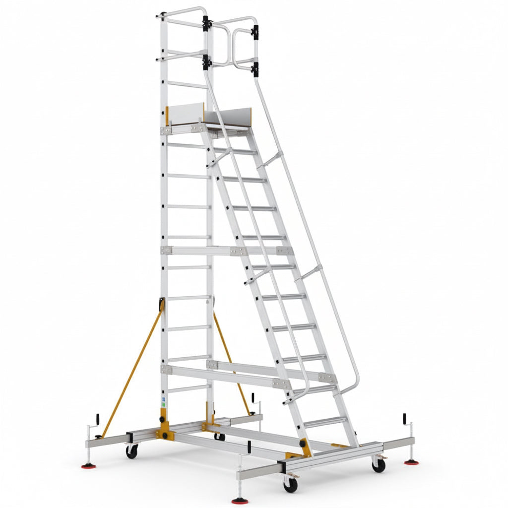 Mobile industrial shelving access platform with lockable wheels