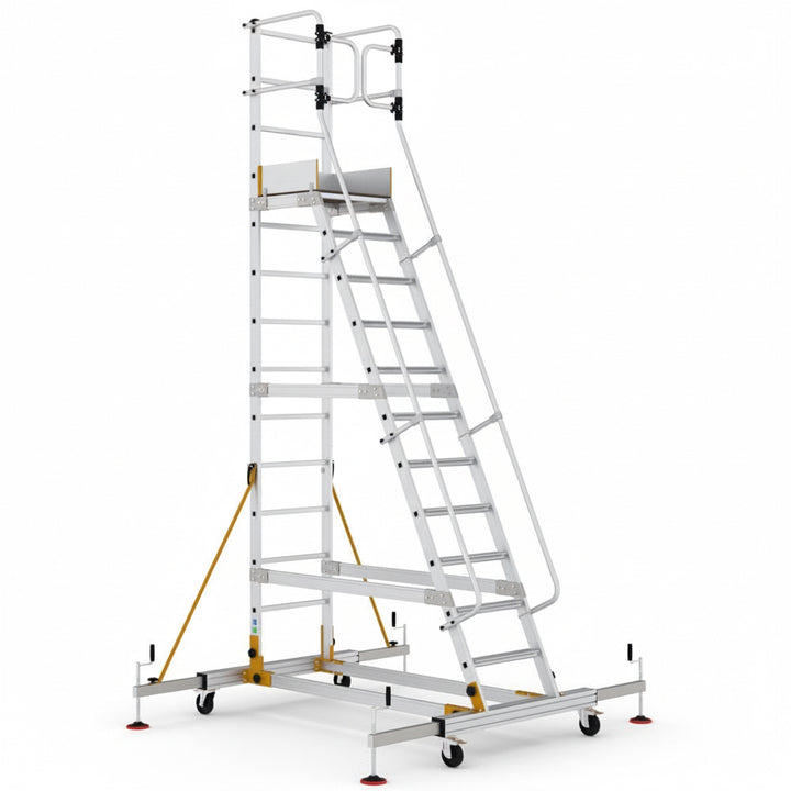 Mobile industrial shelving access platform with lockable wheels