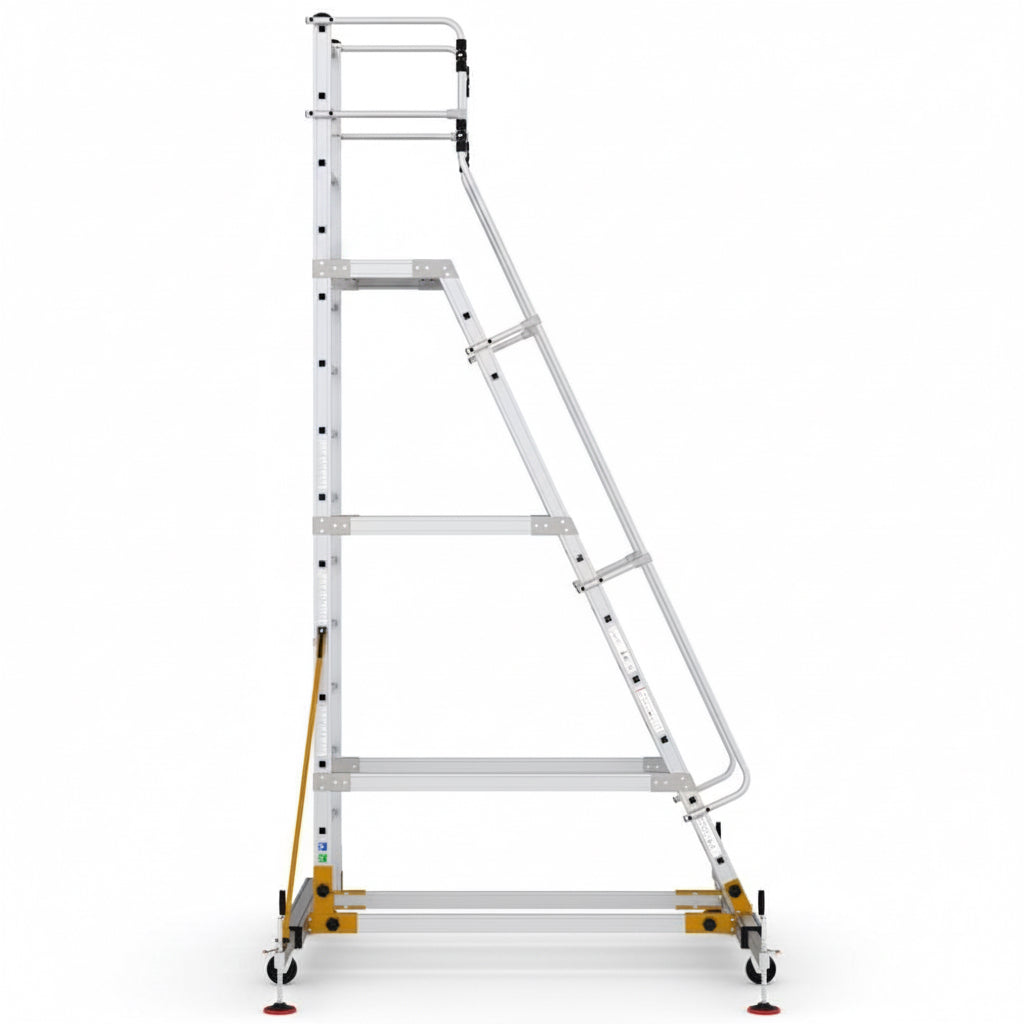 Mobile industrial shelving access platform with lockable wheels