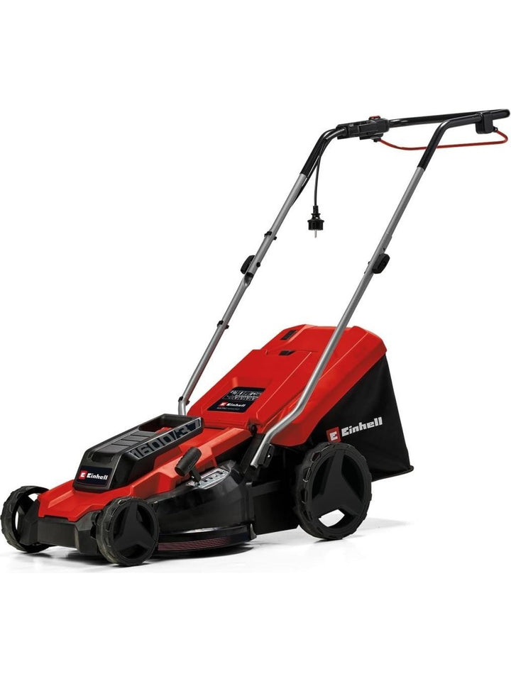 1600W electric lawn mower with 37 cm cutting width, adjustable cutting height, and 38 L grass collection box.