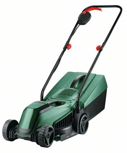 18V cordless lawn mower with 32 cm cutting width and 31 L grass collection box for small to medium-sized lawns.