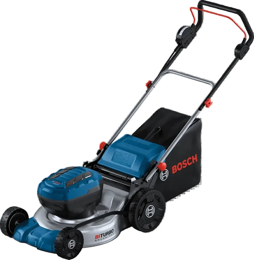 18V cordless lawn mower with 46 cm cutting width and 60 L grass collection box.
