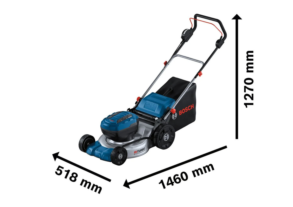 18V cordless lawn mower with 46 cm cutting width and 60 L grass collection box.
