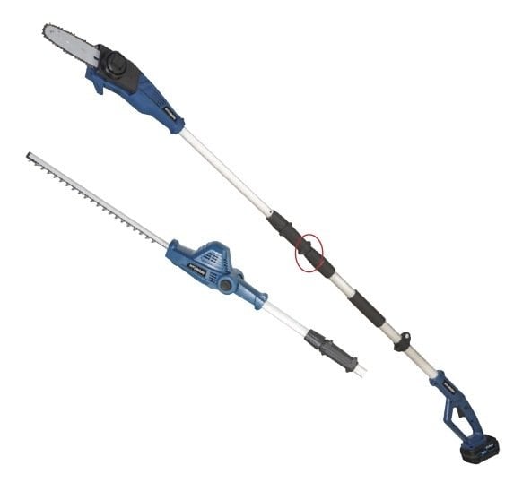 20V cordless pole pruner and hedge trimmer with 20 cm pruning saw and 430 mm hedge trimming blade.
