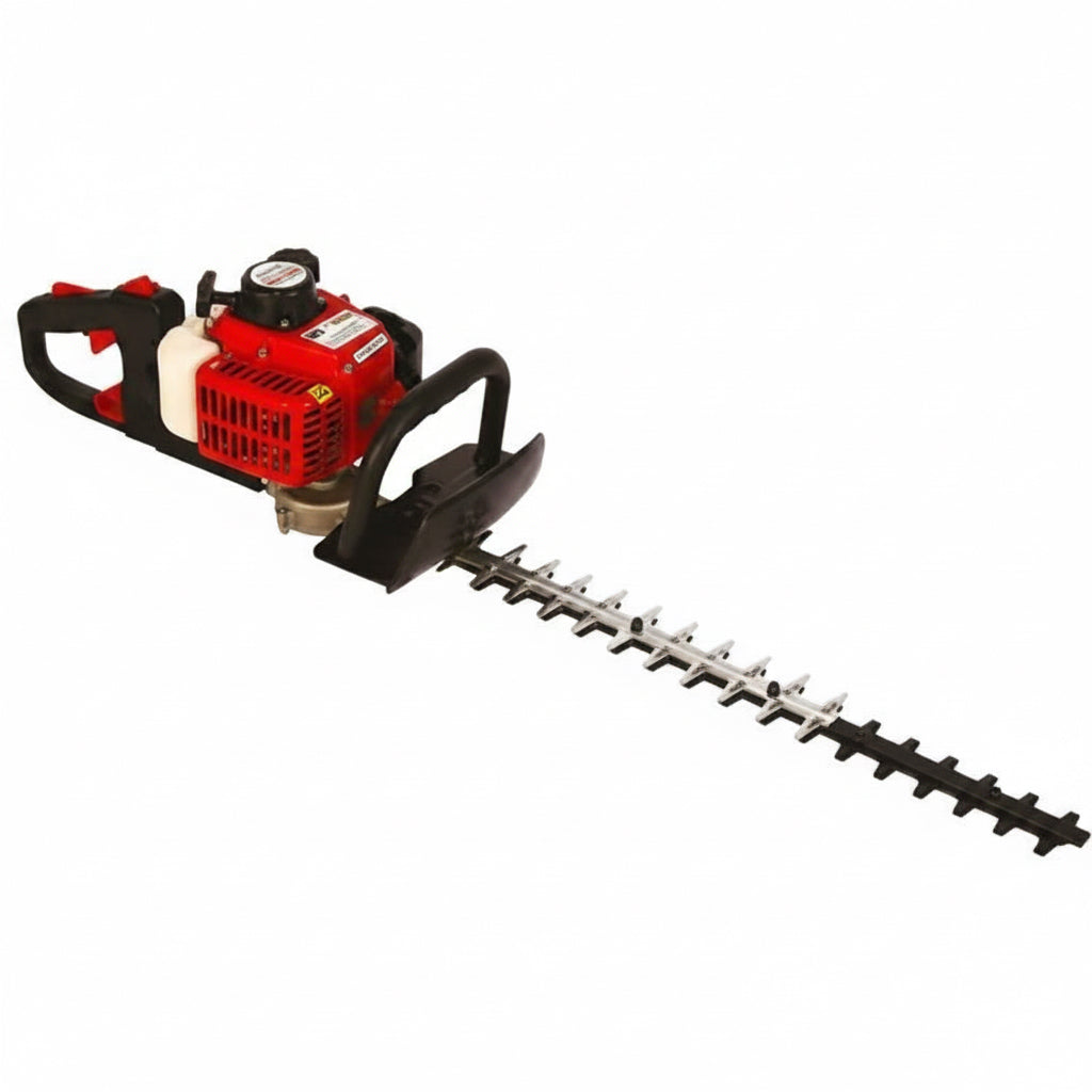 25.4cc petrol hedge trimmer with 60 cm double blade for hedge and ornamental plant trimming.
