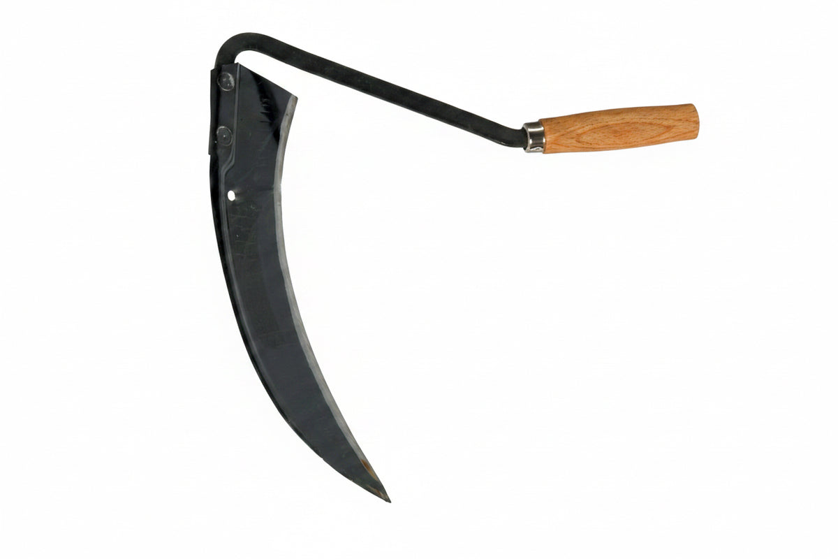 27 cm hand sickle with semi-forged steel blade for cutting grass and weeds.