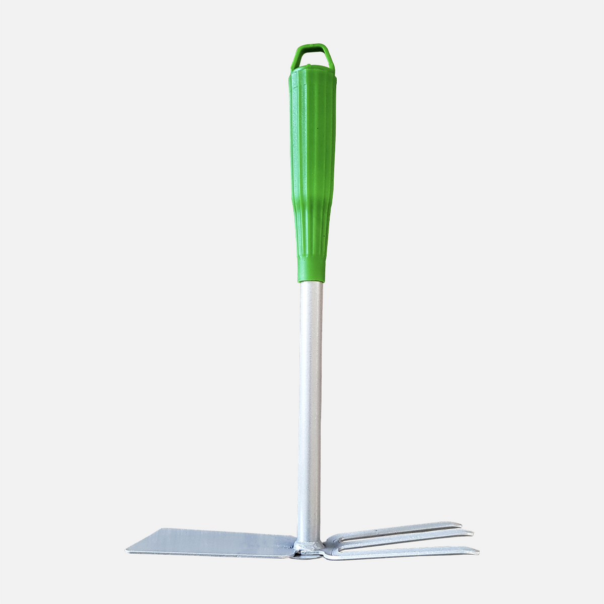 3-prong steel garden hand hoe for soil aeration and small garden maintenance.