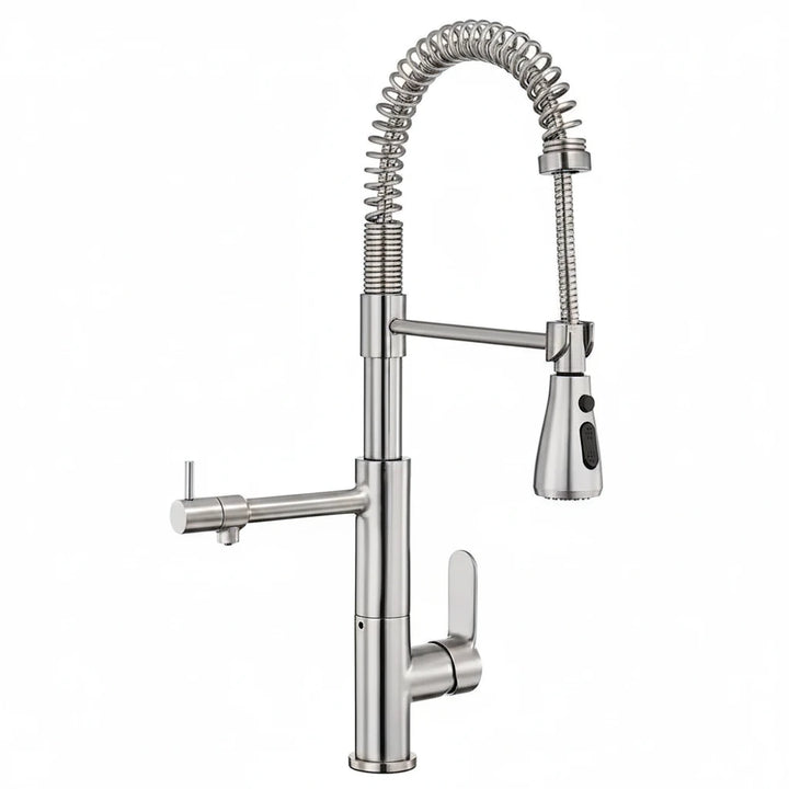 3-way kitchen faucet with pull-out spray head, separate filtered water outlet and 360 degree spring spout