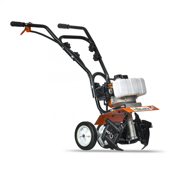 52cc petrol mini tiller with 2-stroke engine for garden soil cultivation and preparation.