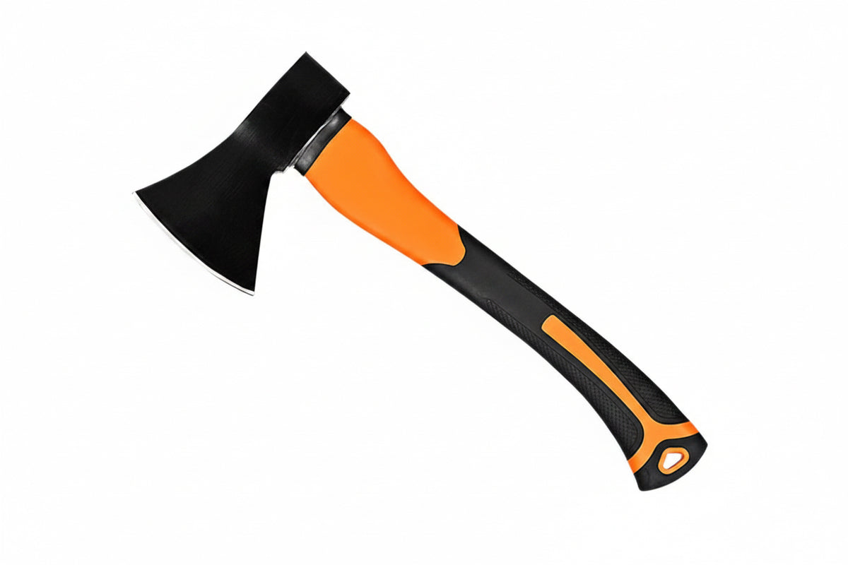 600g forged steel axe with ergonomic fiberglass handle and protective blade cover for wood cutting and camping