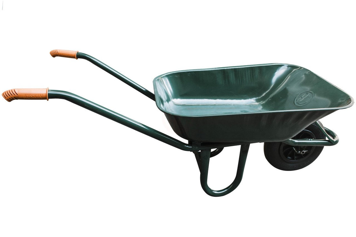 85L green welded steel wheelbarrow with 0.7mm tray