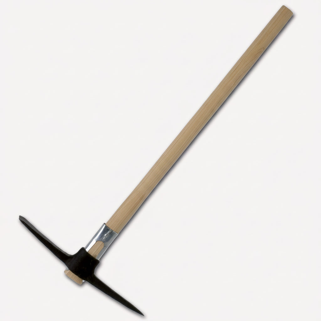 Long handle garden hoe with steel head for soil preparation and gardening work.