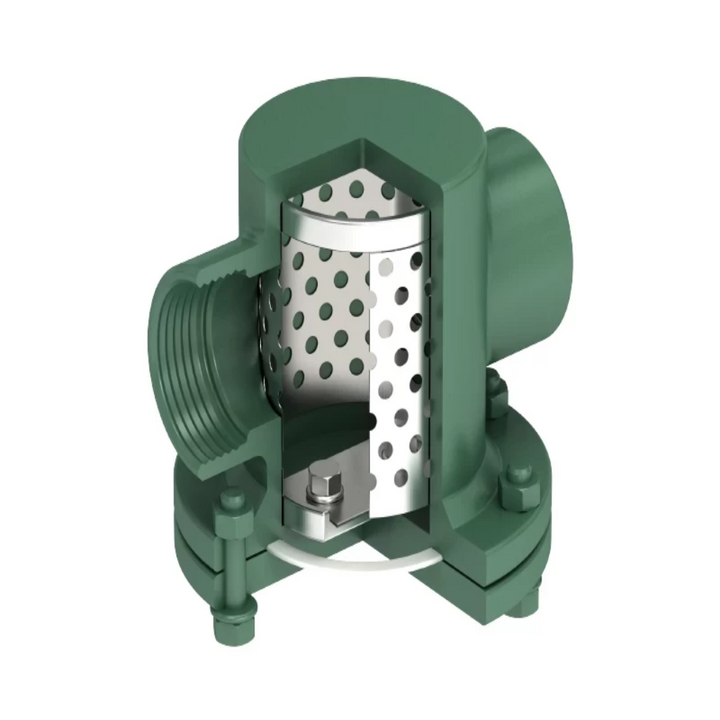 Side view of threaded carbon steel T type strainer with removable filter chamber for maintenance