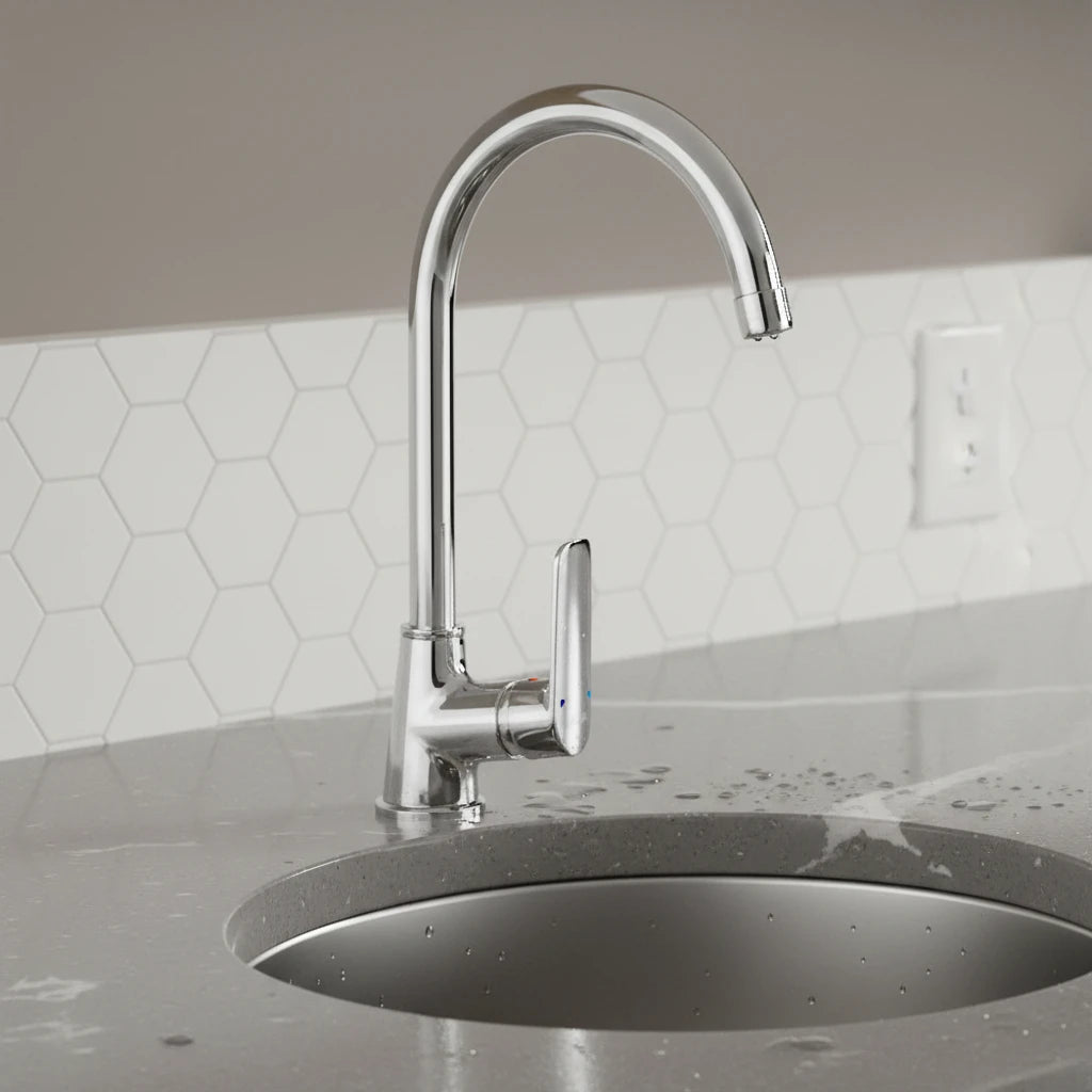 Chrome kitchen sink faucet with anti-limescale aerator and modern curved spout design