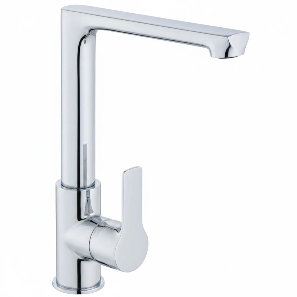 Chrome kitchen sink faucet with high arc spout and concealed aerator for modern kitchens