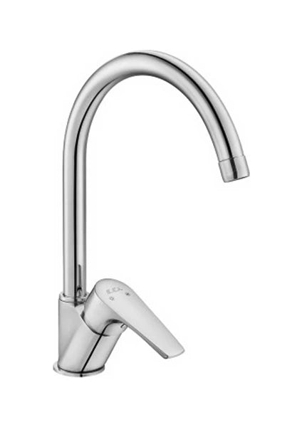 Chrome swan neck kitchen faucet with single lever control and deck-mounted installation
