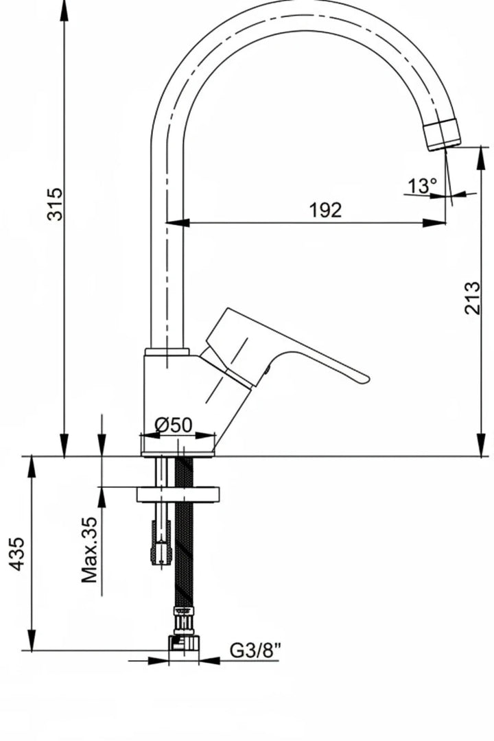 Chrome swan neck kitchen faucet with single lever control and deck-mounted installation