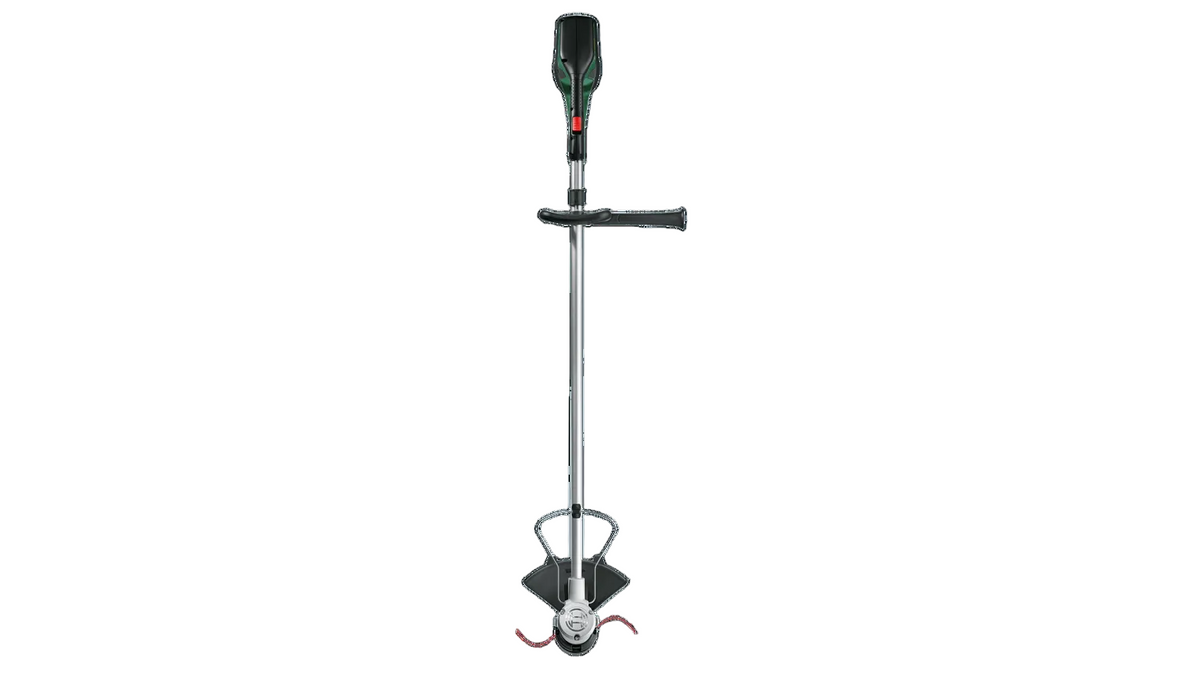 Cordless brush cutter with brushless motor and metal blade for heavy-duty grass and brush cutting.