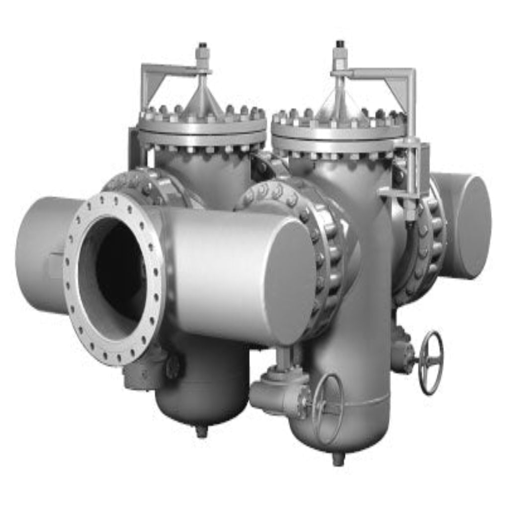 Side view of duplex basket strainer with dual chamber body and flanged pipeline connections