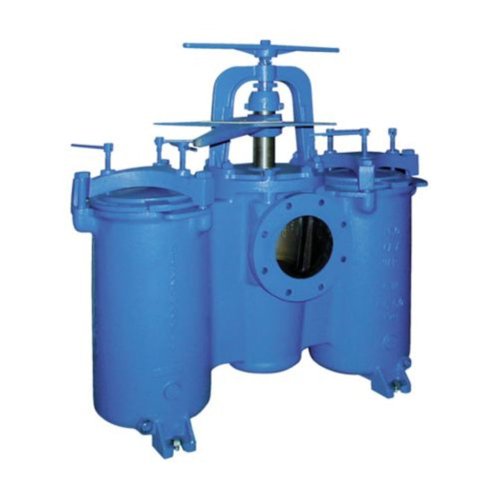 Close-up detail of duplex strainer flow switching valve for uninterrupted basket cleaning operation