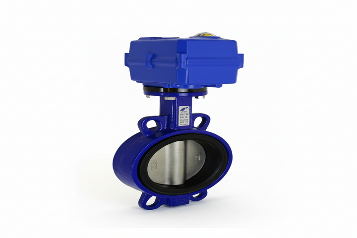 Front view of EAV 802 electric actuated wafer butterfly valve with compact actuator and wafer body design