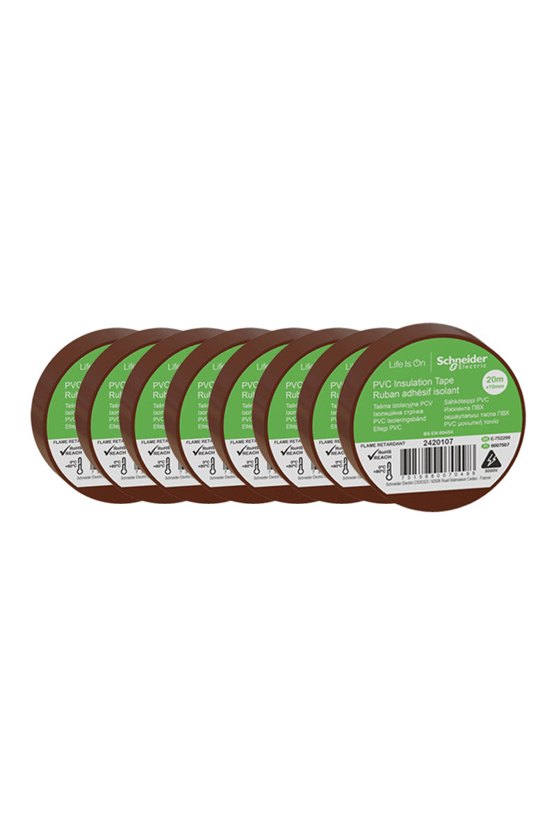 Pack of 8 Brown Electrical Insulation Tape Rolls 19mm x 20m

