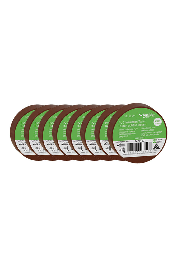 Pack of 8 Brown Electrical Insulation Tape Rolls 19mm x 20m
