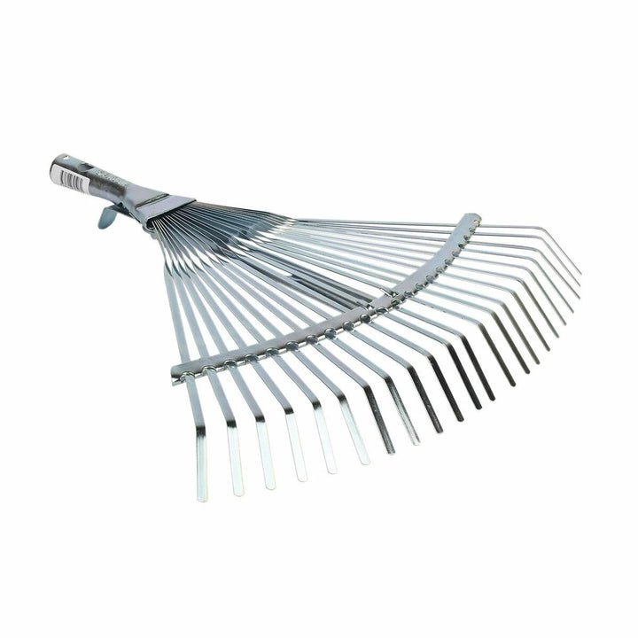 Fan garden rake with wide tine head for collecting leaves, grass clippings, and garden debris.