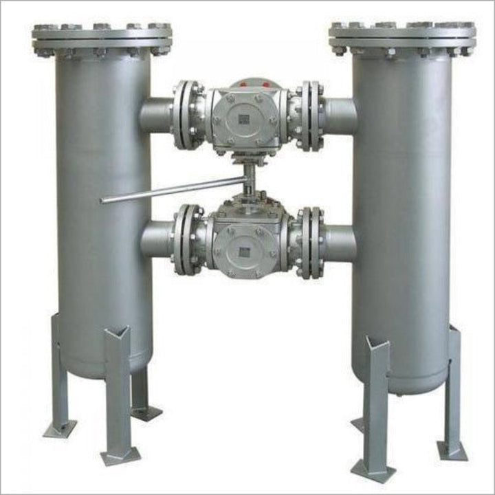 Front view of flanged duplex basket strainer for continuous industrial pipeline filtration systems