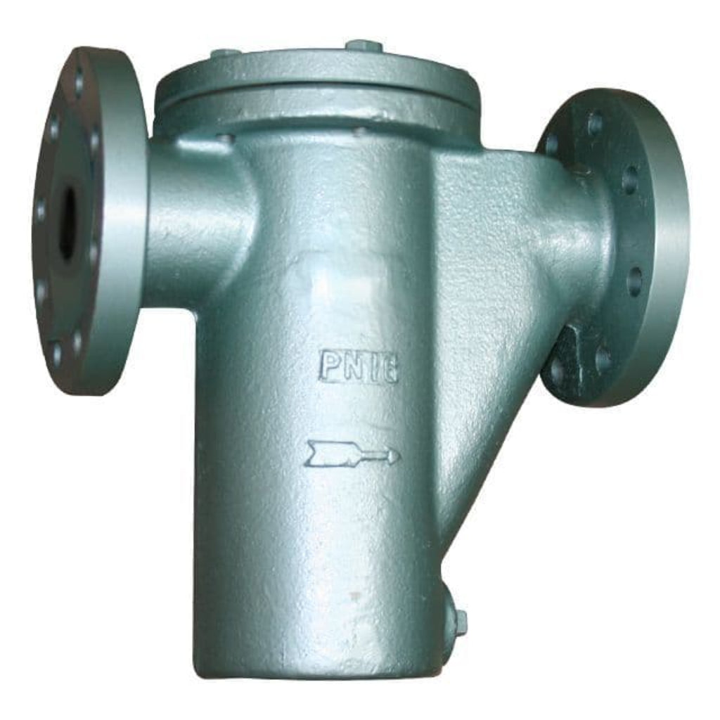 Front view of flanged simplex basket strainer for high capacity industrial pipeline filtration systems