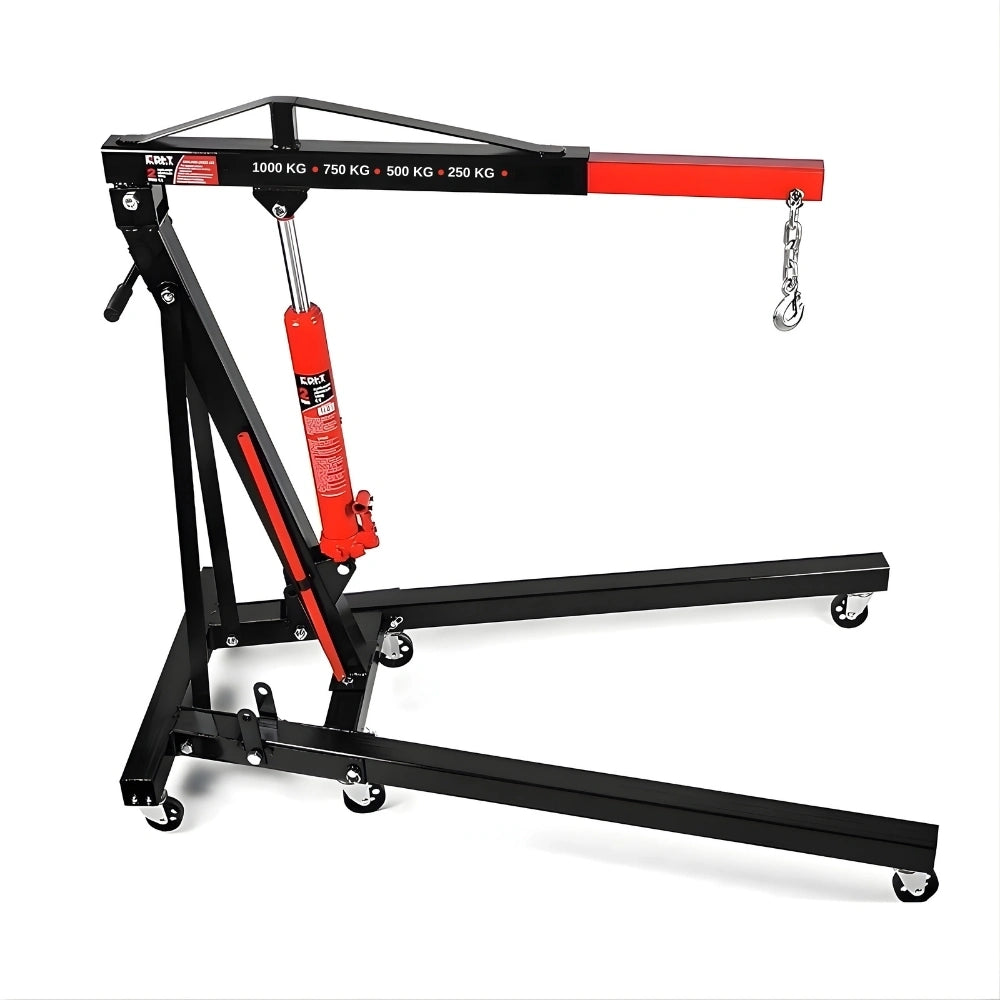 Foldable hydraulic engine crane 1 ton with 220 cm lifting height and mobile wheeled base for workshop use