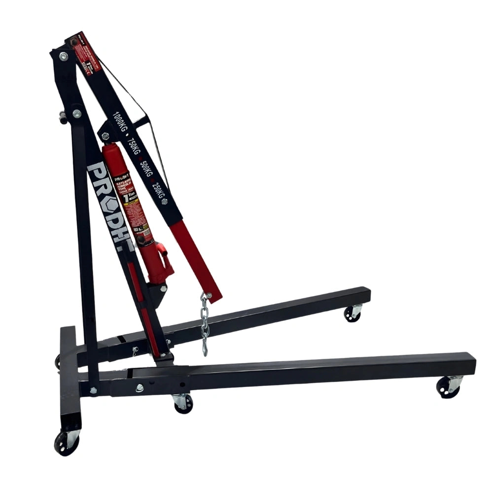 Foldable hydraulic engine crane 1 ton with 220 cm lifting height and mobile wheeled base for workshop use