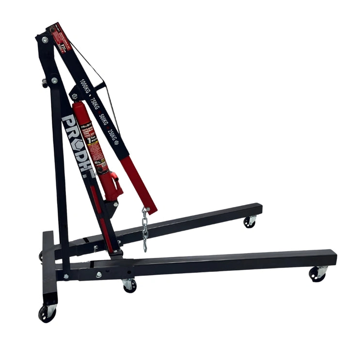 Foldable hydraulic engine crane 1 ton with 220 cm lifting height and mobile wheeled base for workshop use