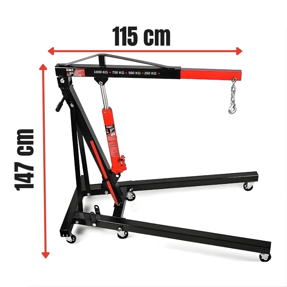 Foldable hydraulic engine crane 1 ton with 220 cm lifting height and mobile wheeled base for workshop use