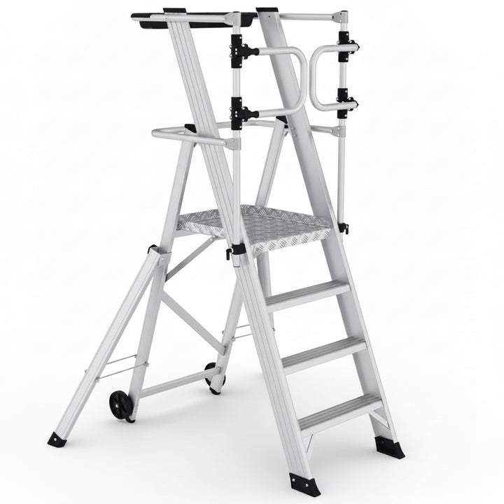 Compact aluminum platform ladder with foldable guardrails