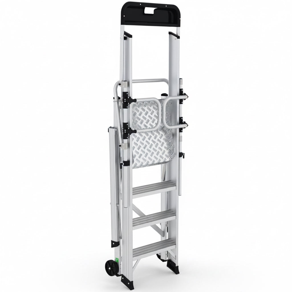 Compact aluminum platform ladder with foldable guardrails