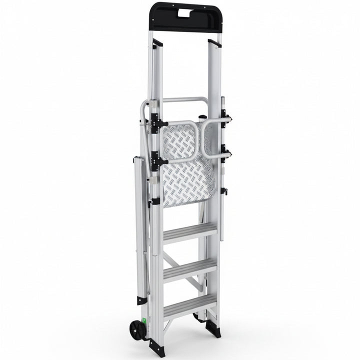 Compact aluminum platform ladder with foldable guardrails