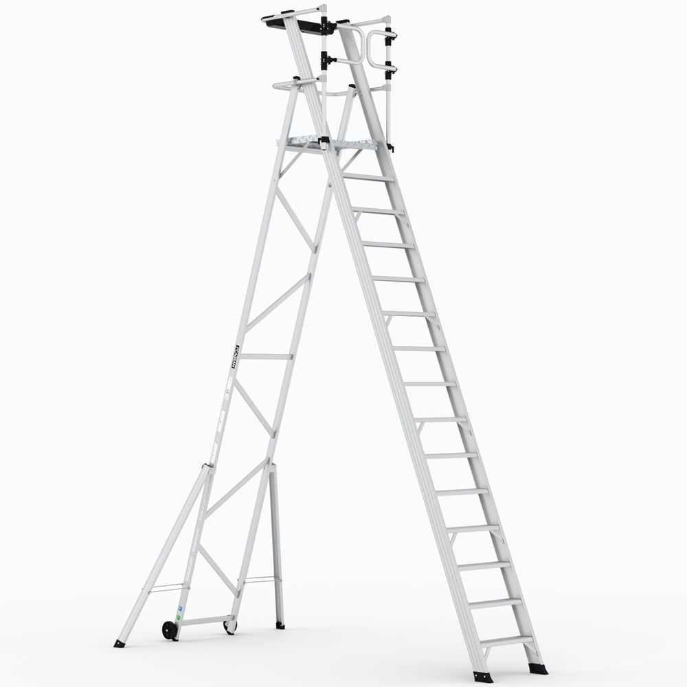 Mobile aluminum platform ladder with wheels and guardrails
