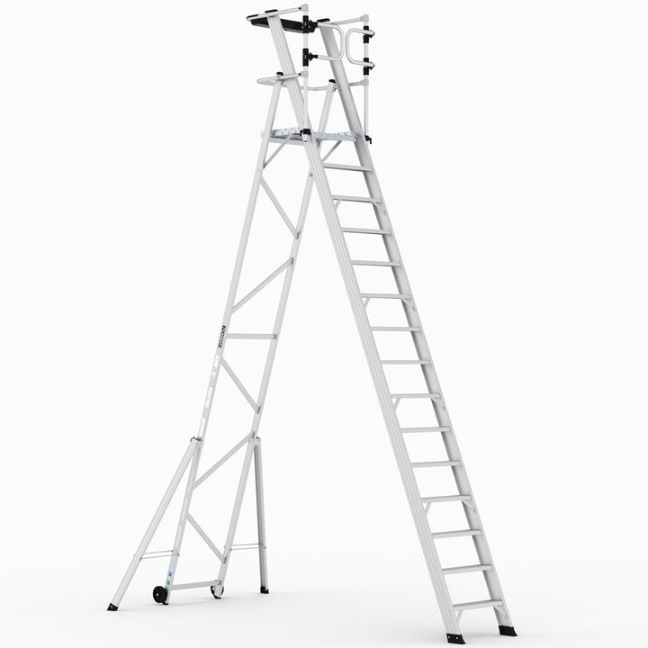 Mobile aluminum platform ladder with wheels and guardrails
