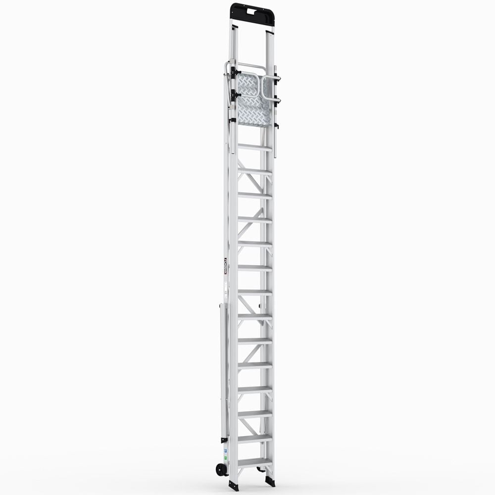 Mobile aluminum platform ladder with wheels and guardrails
