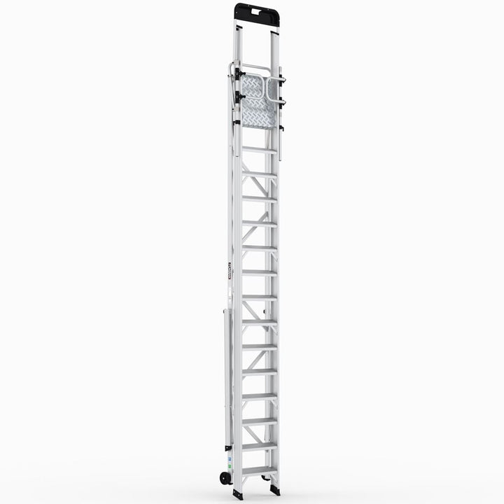 Mobile aluminum platform ladder with wheels and guardrails
