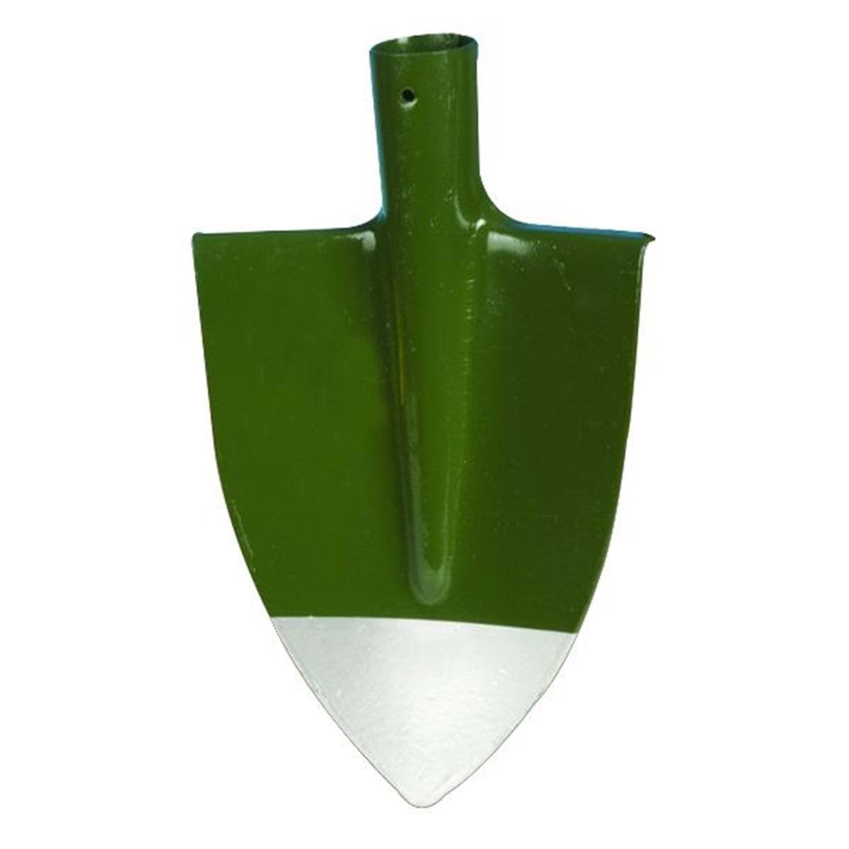 Forged steel digging spade head with round socket for construction, agriculture, and landscaping work.